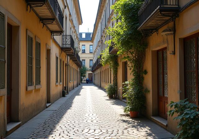 Eine malerische, kopfsteingepflasterte Gasse in der Wiener Altstadt.