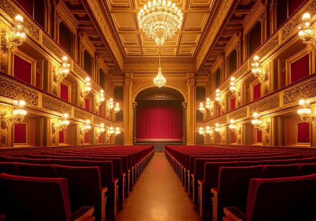 Innenansicht eines goldenen, opulenten Opernsaals.